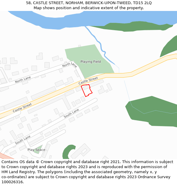 58, CASTLE STREET, NORHAM, BERWICK-UPON-TWEED, TD15 2LQ: Location map and indicative extent of plot