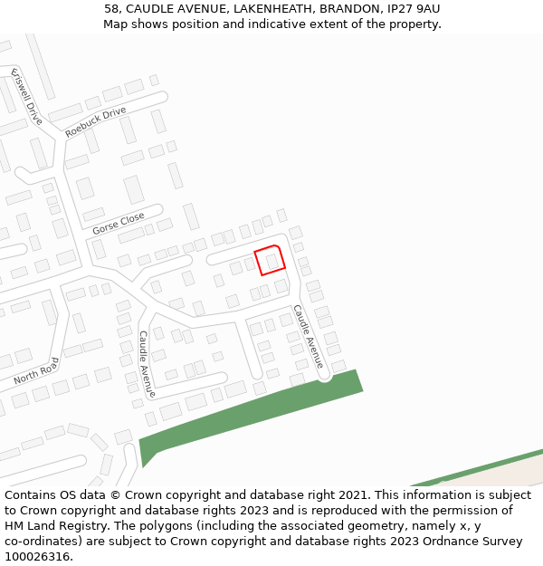 58, CAUDLE AVENUE, LAKENHEATH, BRANDON, IP27 9AU: Location map and indicative extent of plot