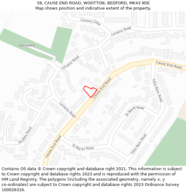 58, CAUSE END ROAD, WOOTTON, BEDFORD, MK43 9DE: Location map and indicative extent of plot