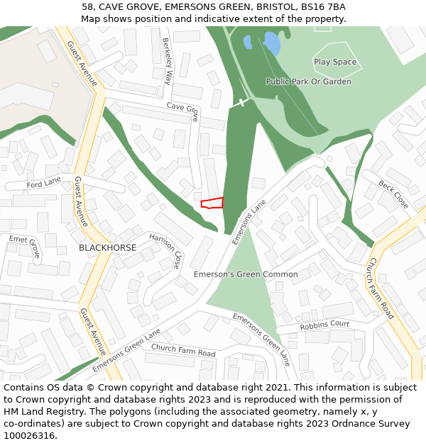 58, CAVE GROVE, EMERSONS GREEN, BRISTOL, BS16 7BA: Location map and indicative extent of plot