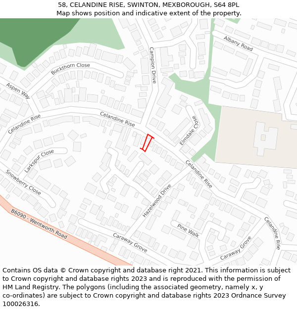 58, CELANDINE RISE, SWINTON, MEXBOROUGH, S64 8PL: Location map and indicative extent of plot