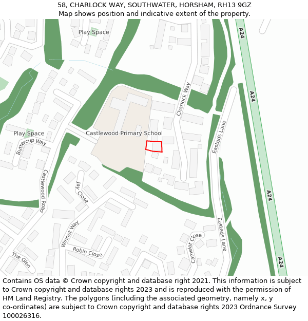 58, CHARLOCK WAY, SOUTHWATER, HORSHAM, RH13 9GZ: Location map and indicative extent of plot