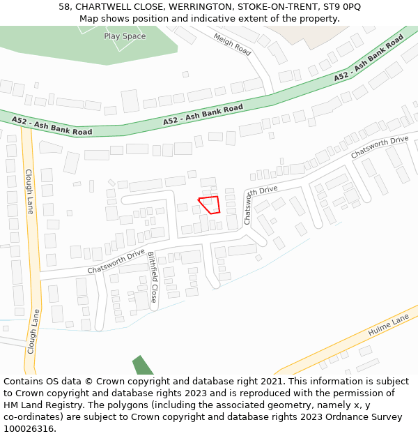 58, CHARTWELL CLOSE, WERRINGTON, STOKE-ON-TRENT, ST9 0PQ: Location map and indicative extent of plot