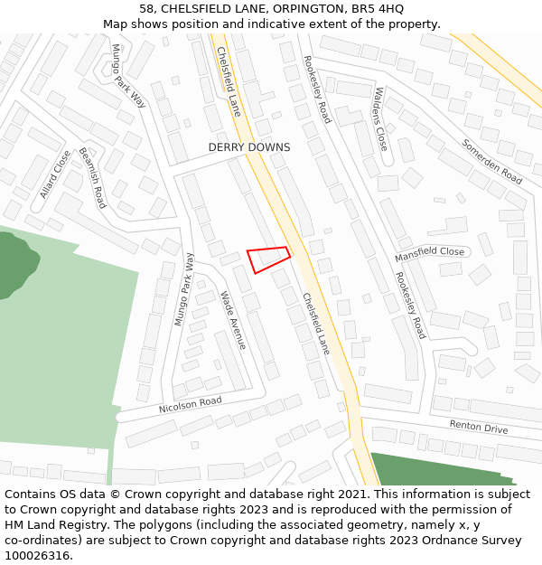 58, CHELSFIELD LANE, ORPINGTON, BR5 4HQ: Location map and indicative extent of plot