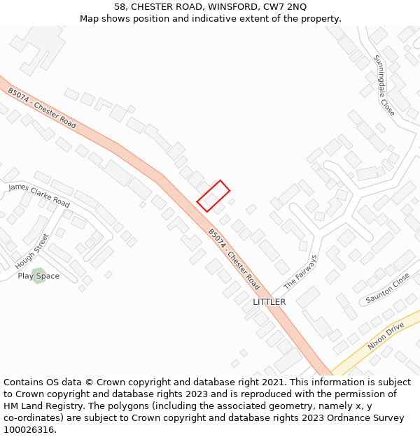 58, CHESTER ROAD, WINSFORD, CW7 2NQ: Location map and indicative extent of plot