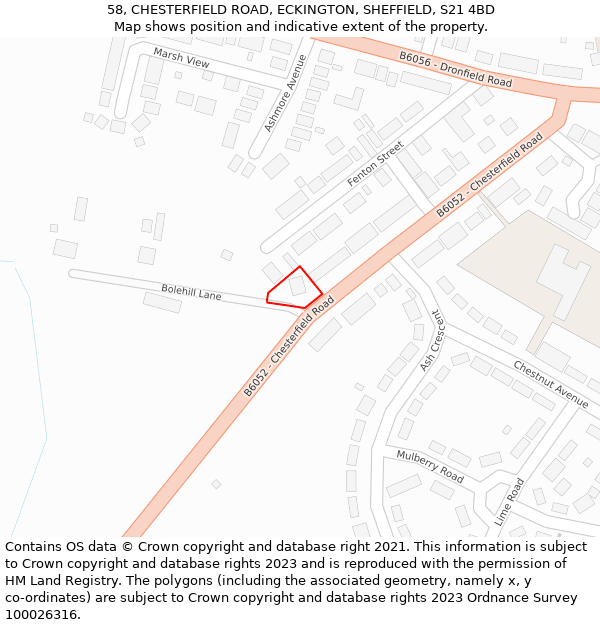 58, CHESTERFIELD ROAD, ECKINGTON, SHEFFIELD, S21 4BD: Location map and indicative extent of plot