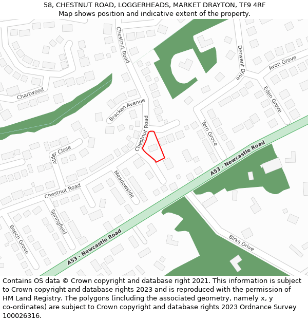 58, CHESTNUT ROAD, LOGGERHEADS, MARKET DRAYTON, TF9 4RF: Location map and indicative extent of plot