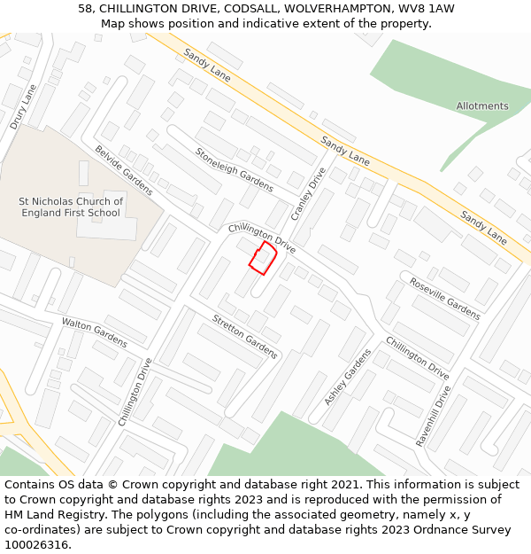 58, CHILLINGTON DRIVE, CODSALL, WOLVERHAMPTON, WV8 1AW: Location map and indicative extent of plot