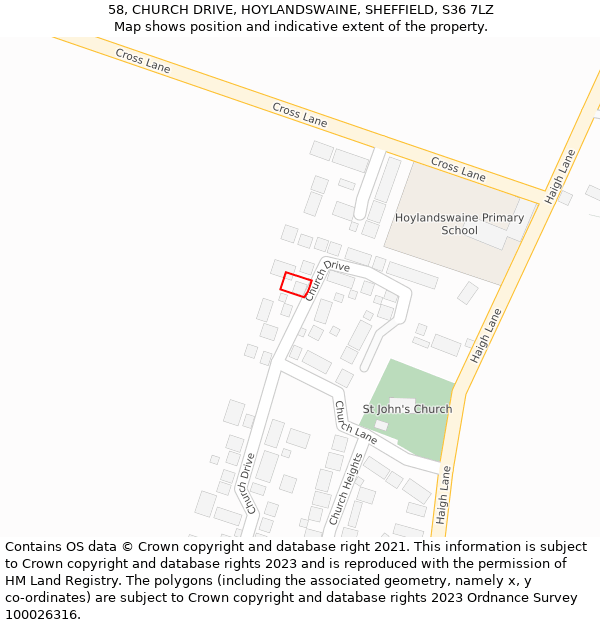 58, CHURCH DRIVE, HOYLANDSWAINE, SHEFFIELD, S36 7LZ: Location map and indicative extent of plot