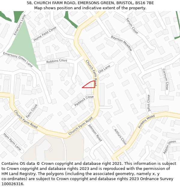 58, CHURCH FARM ROAD, EMERSONS GREEN, BRISTOL, BS16 7BE: Location map and indicative extent of plot