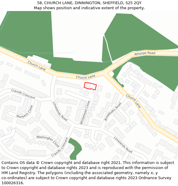 58, CHURCH LANE, DINNINGTON, SHEFFIELD, S25 2QY: Location map and indicative extent of plot