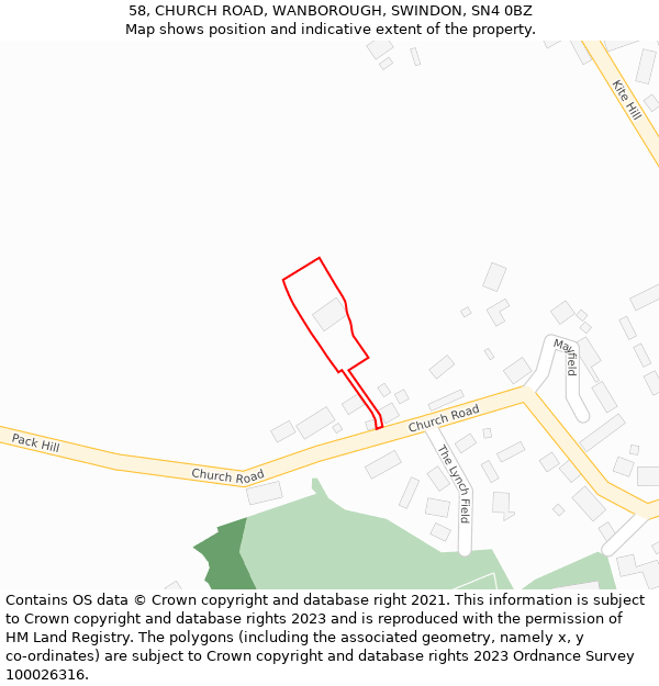 58, CHURCH ROAD, WANBOROUGH, SWINDON, SN4 0BZ: Location map and indicative extent of plot