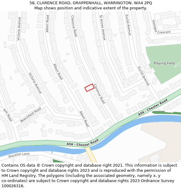 58, CLARENCE ROAD, GRAPPENHALL, WARRINGTON, WA4 2PQ: Location map and indicative extent of plot