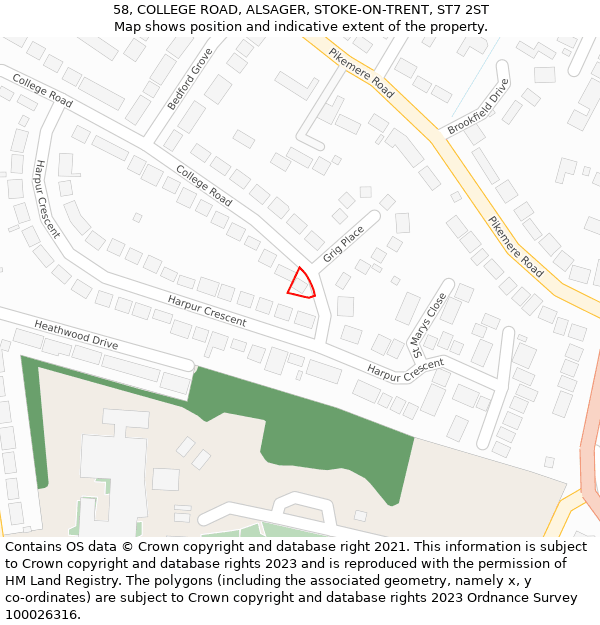 58, COLLEGE ROAD, ALSAGER, STOKE-ON-TRENT, ST7 2ST: Location map and indicative extent of plot