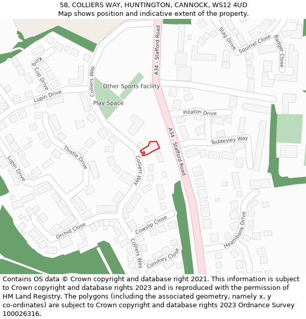 58, COLLIERS WAY, HUNTINGTON, CANNOCK, WS12 4UD: Location map and indicative extent of plot