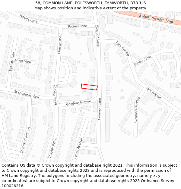 58, COMMON LANE, POLESWORTH, TAMWORTH, B78 1LS: Location map and indicative extent of plot