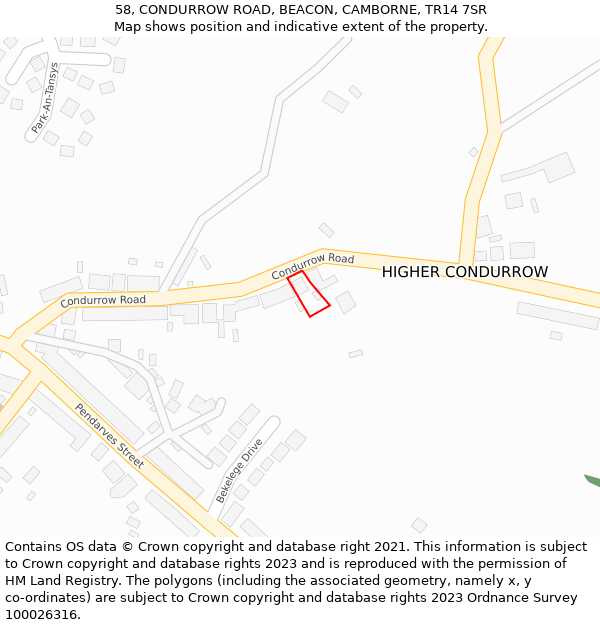 58, CONDURROW ROAD, BEACON, CAMBORNE, TR14 7SR: Location map and indicative extent of plot