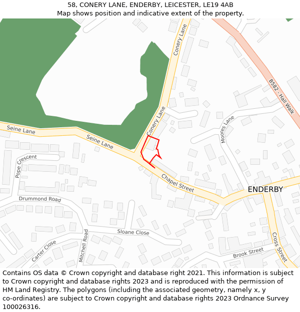 58, CONERY LANE, ENDERBY, LEICESTER, LE19 4AB: Location map and indicative extent of plot