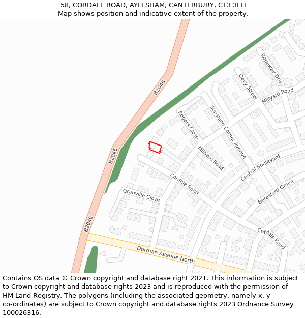 58, CORDALE ROAD, AYLESHAM, CANTERBURY, CT3 3EH: Location map and indicative extent of plot