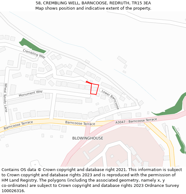 58, CREMBLING WELL, BARNCOOSE, REDRUTH, TR15 3EA: Location map and indicative extent of plot