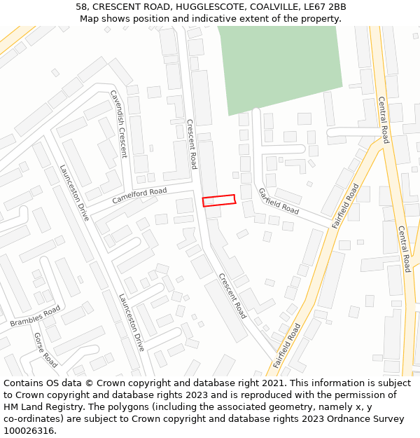 58, CRESCENT ROAD, HUGGLESCOTE, COALVILLE, LE67 2BB: Location map and indicative extent of plot