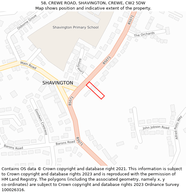 58, CREWE ROAD, SHAVINGTON, CREWE, CW2 5DW: Location map and indicative extent of plot