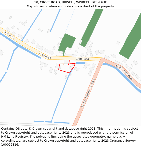 58, CROFT ROAD, UPWELL, WISBECH, PE14 9HE: Location map and indicative extent of plot