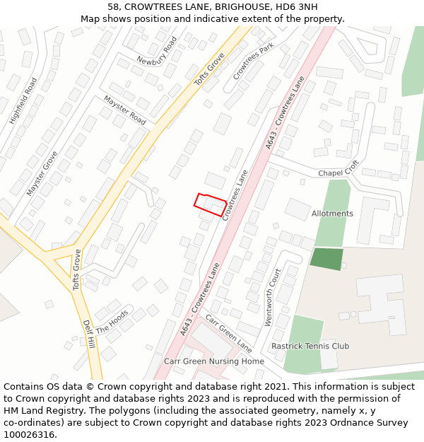 58, CROWTREES LANE, BRIGHOUSE, HD6 3NH: Location map and indicative extent of plot