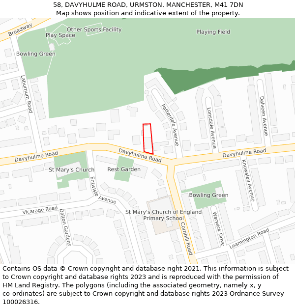58, DAVYHULME ROAD, URMSTON, MANCHESTER, M41 7DN: Location map and indicative extent of plot