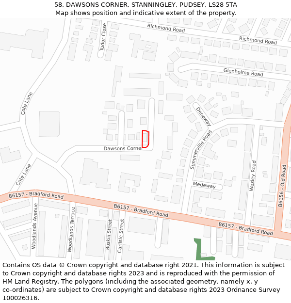58, DAWSONS CORNER, STANNINGLEY, PUDSEY, LS28 5TA: Location map and indicative extent of plot