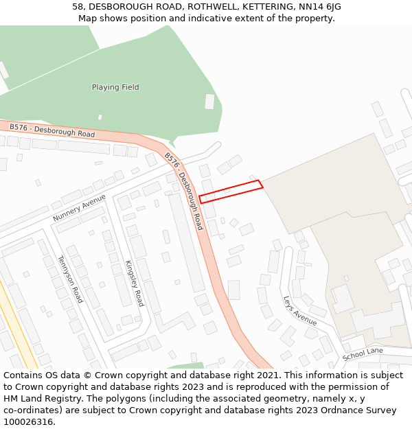 58, DESBOROUGH ROAD, ROTHWELL, KETTERING, NN14 6JG: Location map and indicative extent of plot