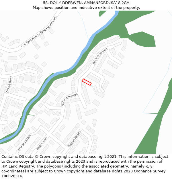 58, DOL Y DDERWEN, AMMANFORD, SA18 2GA: Location map and indicative extent of plot