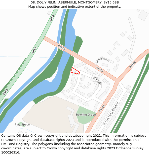 58, DOL Y FELIN, ABERMULE, MONTGOMERY, SY15 6BB: Location map and indicative extent of plot