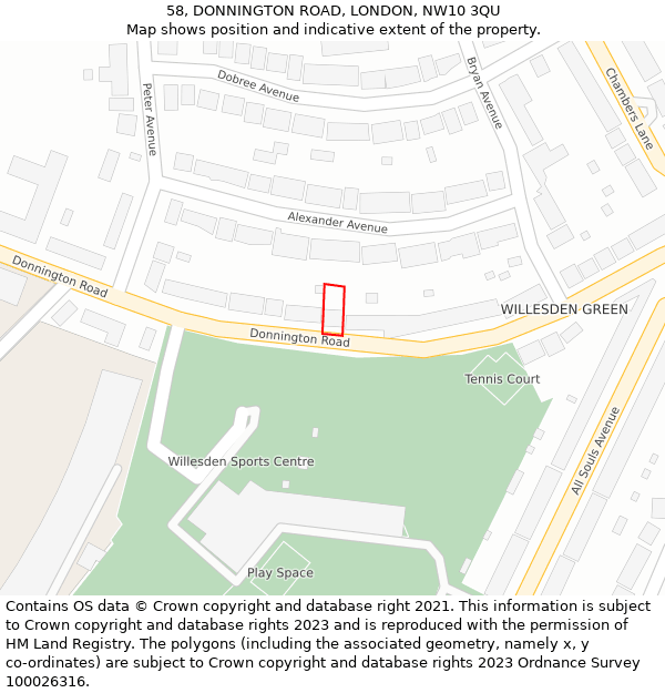 58, DONNINGTON ROAD, LONDON, NW10 3QU: Location map and indicative extent of plot