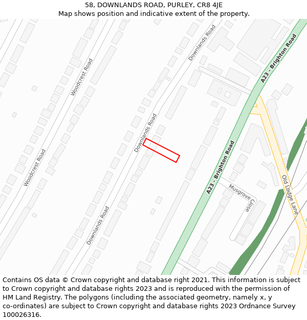 58, DOWNLANDS ROAD, PURLEY, CR8 4JE: Location map and indicative extent of plot