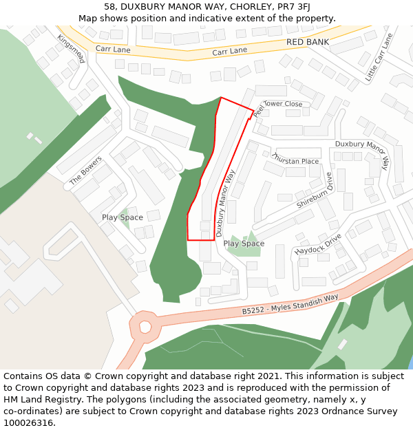 58, DUXBURY MANOR WAY, CHORLEY, PR7 3FJ: Location map and indicative extent of plot