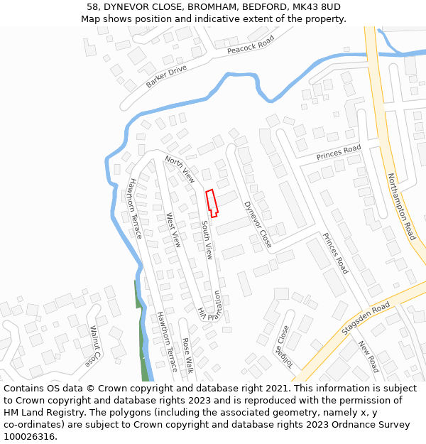 58, DYNEVOR CLOSE, BROMHAM, BEDFORD, MK43 8UD: Location map and indicative extent of plot