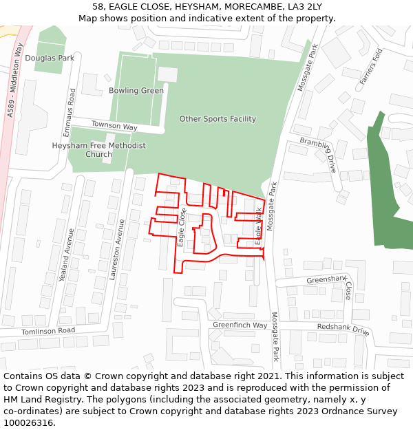 58, EAGLE CLOSE, HEYSHAM, MORECAMBE, LA3 2LY: Location map and indicative extent of plot