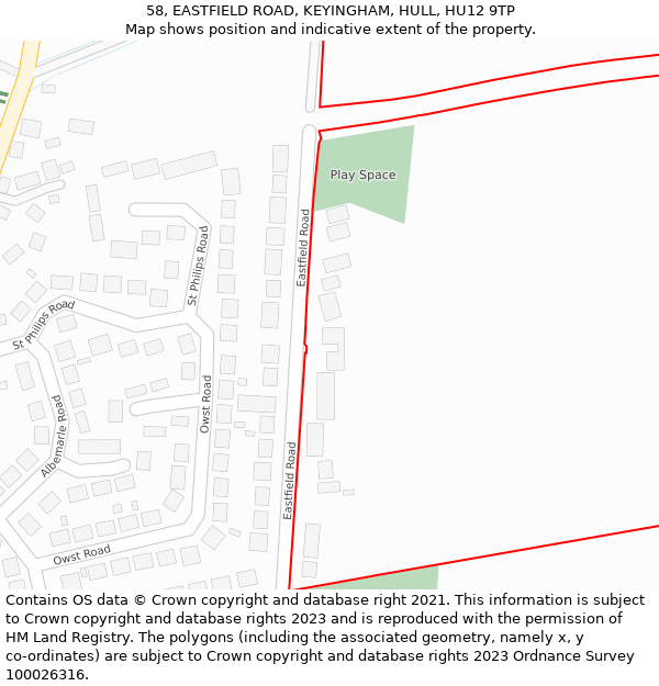 58, EASTFIELD ROAD, KEYINGHAM, HULL, HU12 9TP: Location map and indicative extent of plot