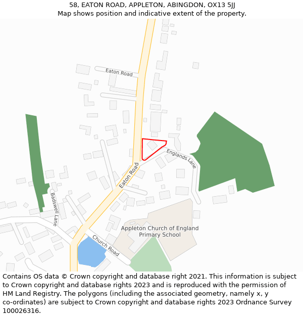 58, EATON ROAD, APPLETON, ABINGDON, OX13 5JJ: Location map and indicative extent of plot