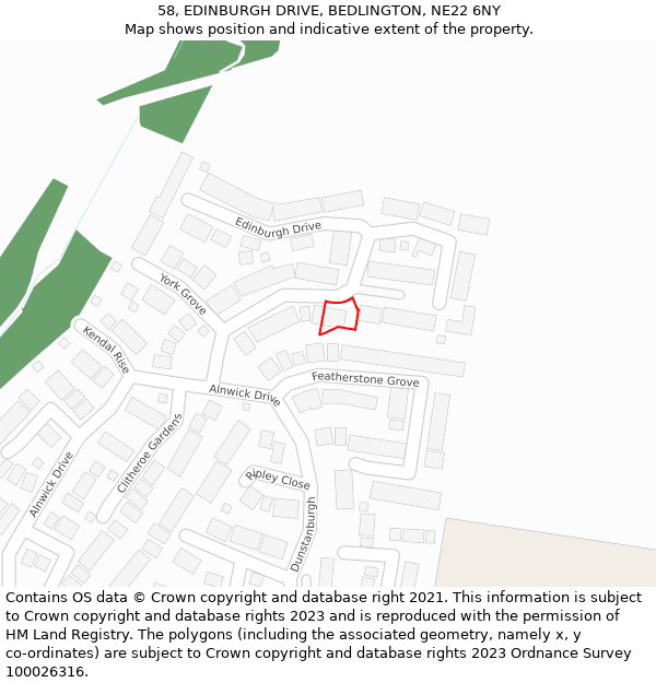 58, EDINBURGH DRIVE, BEDLINGTON, NE22 6NY: Location map and indicative extent of plot