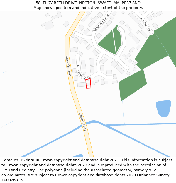 58, ELIZABETH DRIVE, NECTON, SWAFFHAM, PE37 8ND: Location map and indicative extent of plot