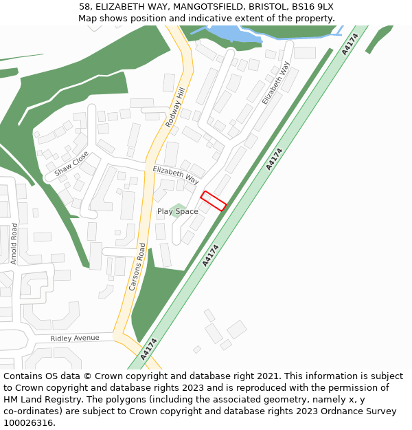 58, ELIZABETH WAY, MANGOTSFIELD, BRISTOL, BS16 9LX: Location map and indicative extent of plot