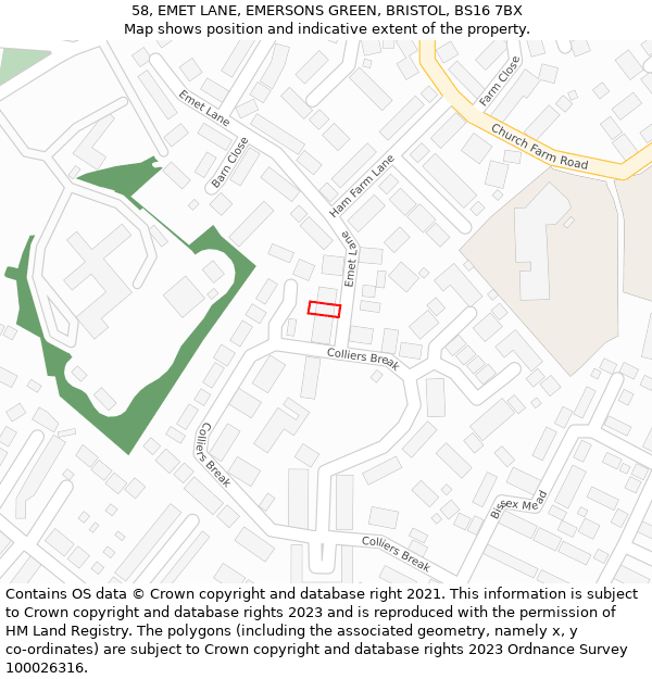 58, EMET LANE, EMERSONS GREEN, BRISTOL, BS16 7BX: Location map and indicative extent of plot