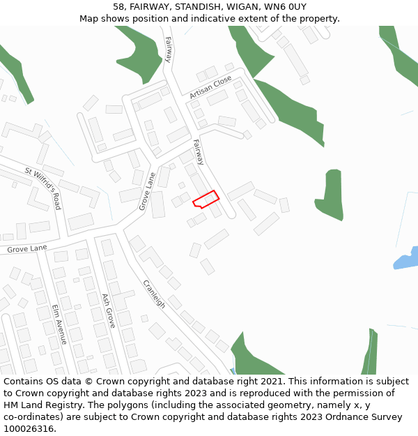 58, FAIRWAY, STANDISH, WIGAN, WN6 0UY: Location map and indicative extent of plot