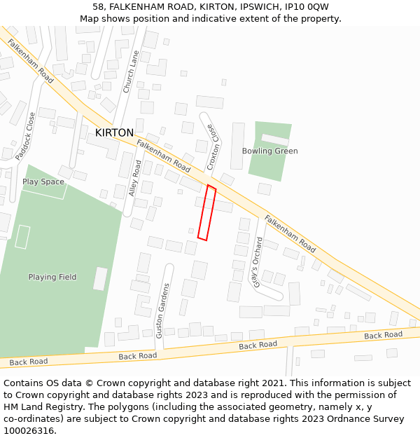 58, FALKENHAM ROAD, KIRTON, IPSWICH, IP10 0QW: Location map and indicative extent of plot