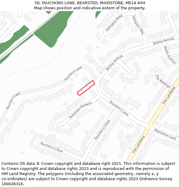 58, FAUCHONS LANE, BEARSTED, MAIDSTONE, ME14 4AH: Location map and indicative extent of plot