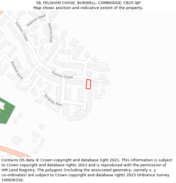 58, FELSHAM CHASE, BURWELL, CAMBRIDGE, CB25 0JP: Location map and indicative extent of plot