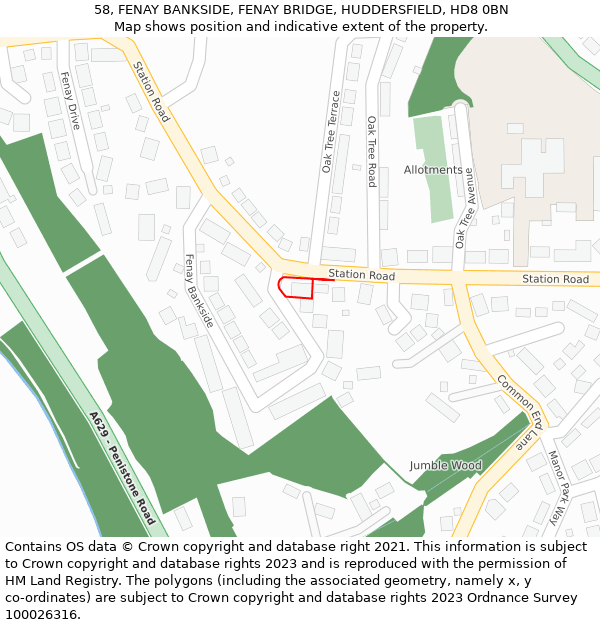 58, FENAY BANKSIDE, FENAY BRIDGE, HUDDERSFIELD, HD8 0BN: Location map and indicative extent of plot