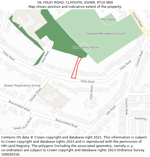 58, FOLEY ROAD, CLAYGATE, ESHER, KT10 0ND: Location map and indicative extent of plot
